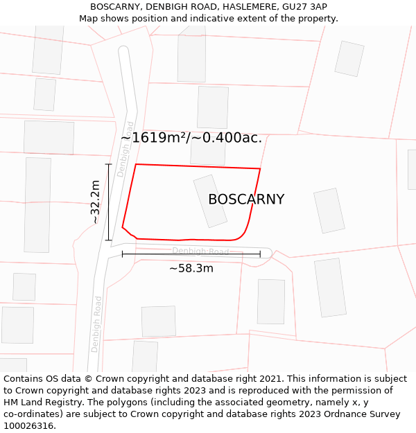 BOSCARNY, DENBIGH ROAD, HASLEMERE, GU27 3AP: Plot and title map