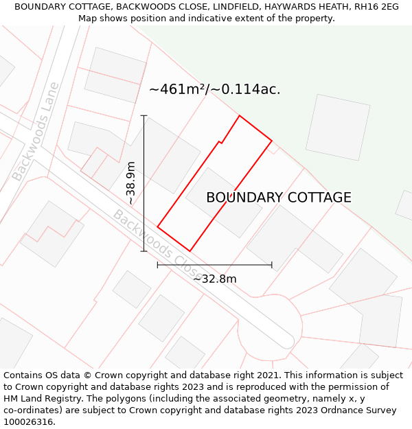 BOUNDARY COTTAGE, BACKWOODS CLOSE, LINDFIELD, HAYWARDS HEATH, RH16 2EG: Plot and title map