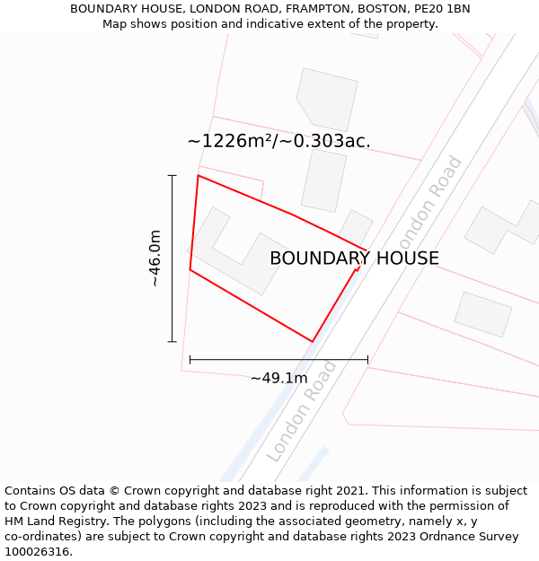 BOUNDARY HOUSE, LONDON ROAD, FRAMPTON, BOSTON, PE20 1BN: Plot and title map