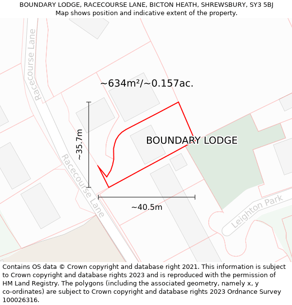 BOUNDARY LODGE, RACECOURSE LANE, BICTON HEATH, SHREWSBURY, SY3 5BJ: Plot and title map