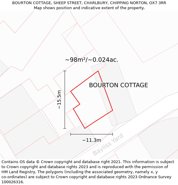 BOURTON COTTAGE, SHEEP STREET, CHARLBURY, CHIPPING NORTON, OX7 3RR: Plot and title map