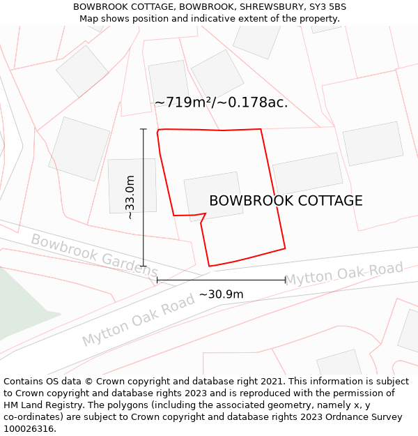 BOWBROOK COTTAGE, BOWBROOK, SHREWSBURY, SY3 5BS: Plot and title map