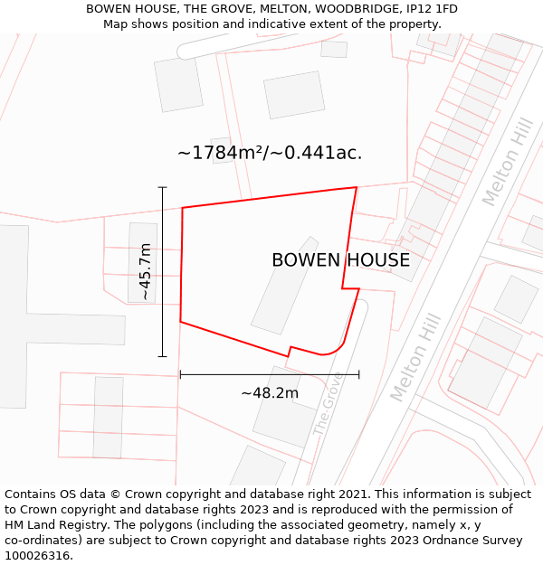 BOWEN HOUSE, THE GROVE, MELTON, WOODBRIDGE, IP12 1FD: Plot and title map