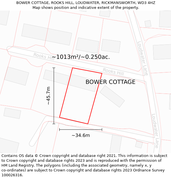BOWER COTTAGE, ROOKS HILL, LOUDWATER, RICKMANSWORTH, WD3 4HZ: Plot and title map