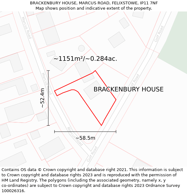 BRACKENBURY HOUSE, MARCUS ROAD, FELIXSTOWE, IP11 7NF: Plot and title map