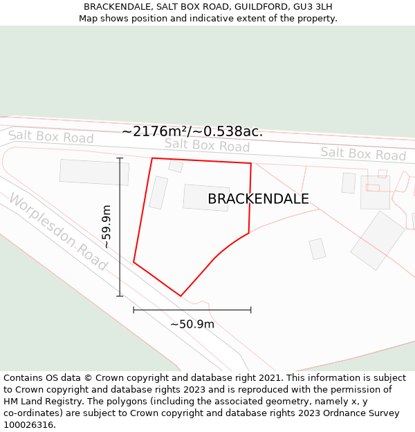 BRACKENDALE, SALT BOX ROAD, GUILDFORD, GU3 3LH: Plot and title map