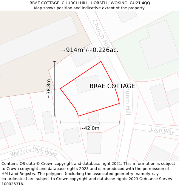 BRAE COTTAGE, CHURCH HILL, HORSELL, WOKING, GU21 4QQ: Plot and title map