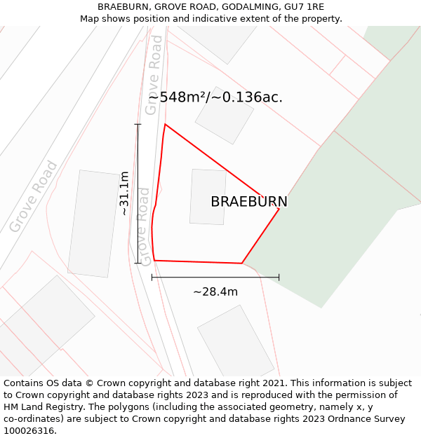 BRAEBURN, GROVE ROAD, GODALMING, GU7 1RE: Plot and title map