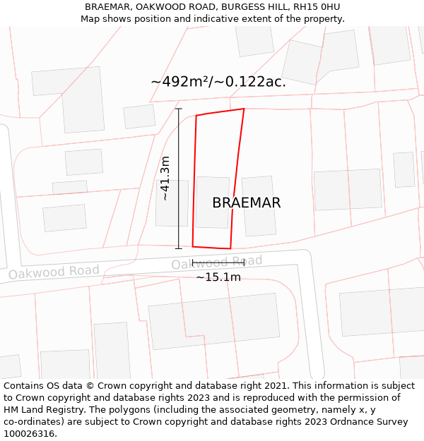 BRAEMAR, OAKWOOD ROAD, BURGESS HILL, RH15 0HU: Plot and title map