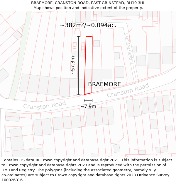 BRAEMORE, CRANSTON ROAD, EAST GRINSTEAD, RH19 3HL: Plot and title map