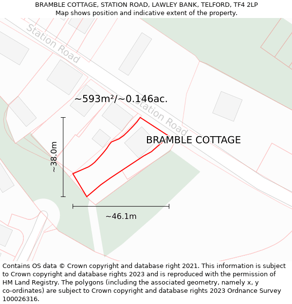 BRAMBLE COTTAGE, STATION ROAD, LAWLEY BANK, TELFORD, TF4 2LP: Plot and title map