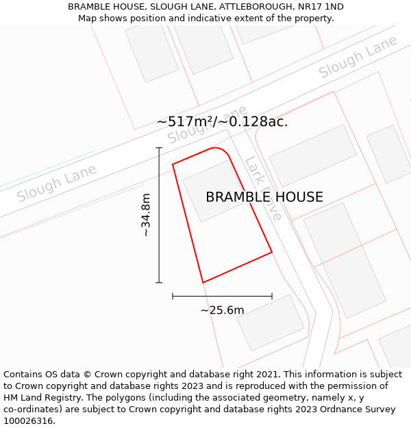 BRAMBLE HOUSE, SLOUGH LANE, ATTLEBOROUGH, NR17 1ND: Plot and title map
