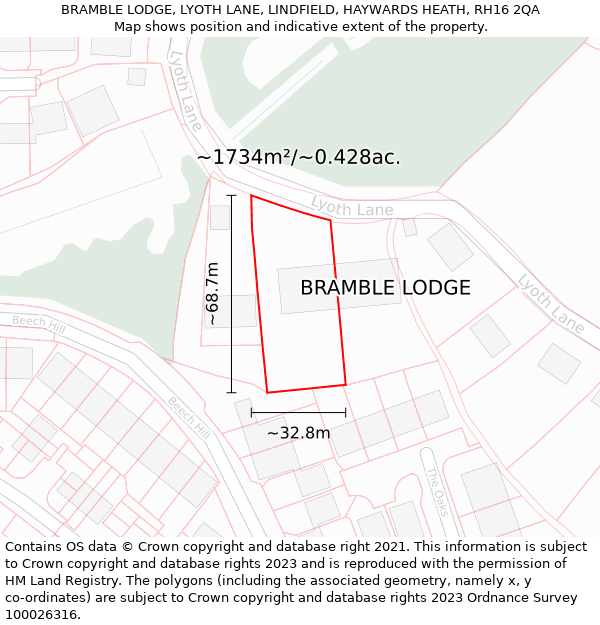 BRAMBLE LODGE, LYOTH LANE, LINDFIELD, HAYWARDS HEATH, RH16 2QA: Plot and title map