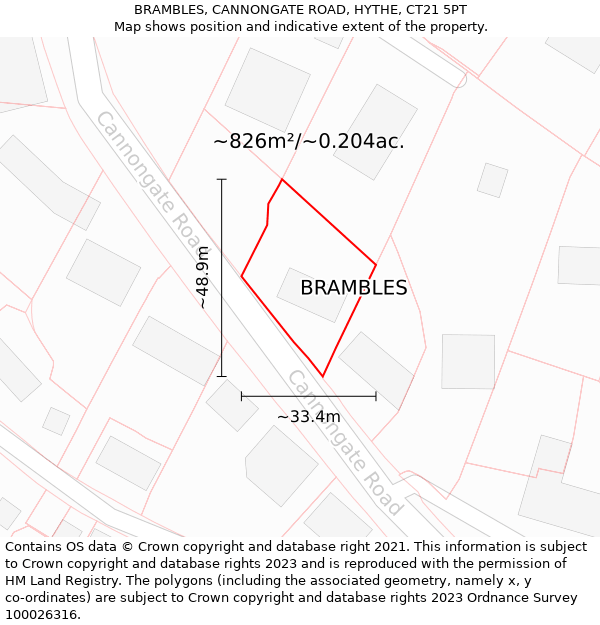 BRAMBLES, CANNONGATE ROAD, HYTHE, CT21 5PT: Plot and title map