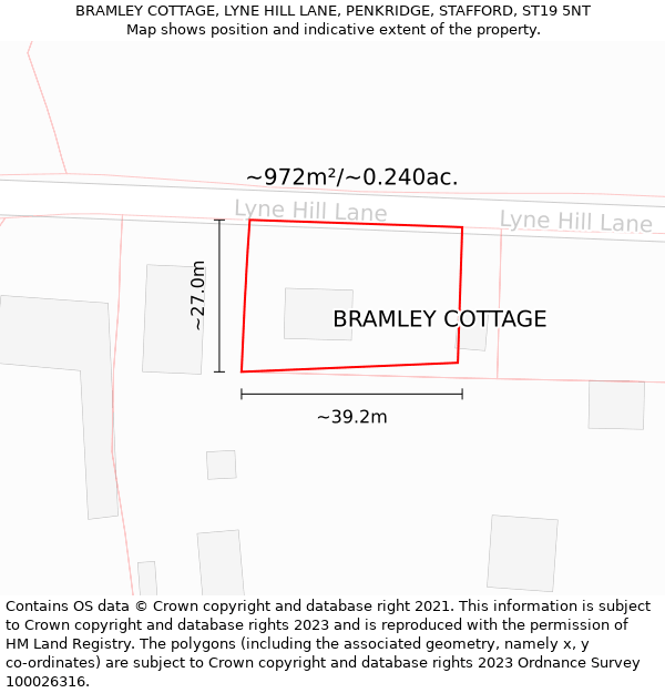 BRAMLEY COTTAGE, LYNE HILL LANE, PENKRIDGE, STAFFORD, ST19 5NT: Plot and title map