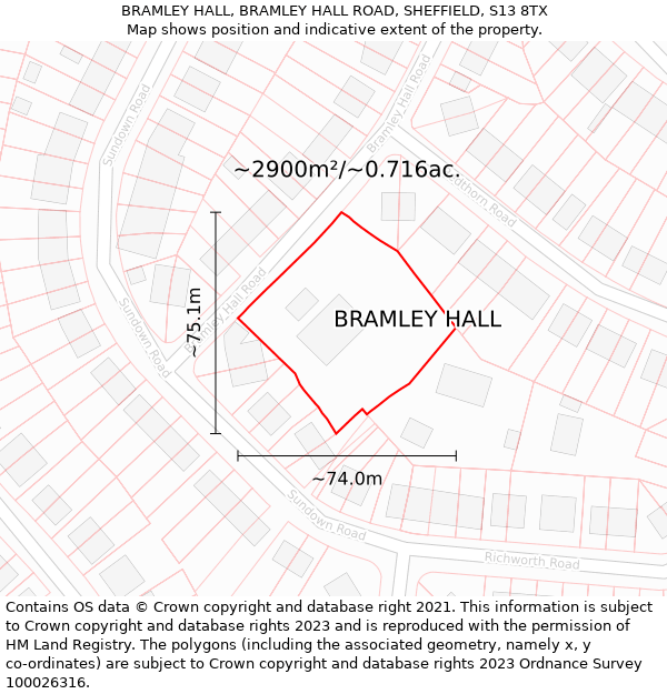 BRAMLEY HALL, BRAMLEY HALL ROAD, SHEFFIELD, S13 8TX: Plot and title map