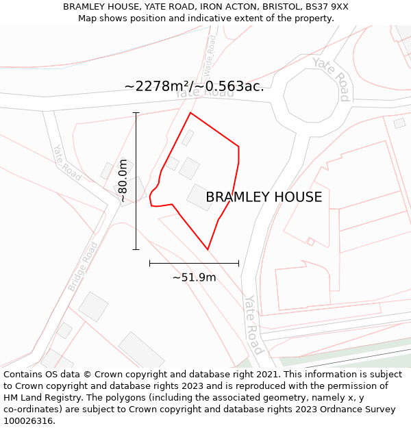 BRAMLEY HOUSE, YATE ROAD, IRON ACTON, BRISTOL, BS37 9XX: Plot and title map