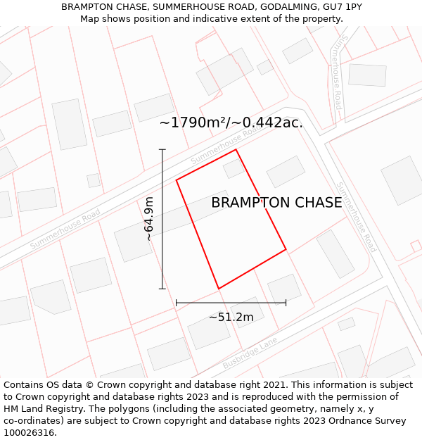 BRAMPTON CHASE, SUMMERHOUSE ROAD, GODALMING, GU7 1PY: Plot and title map