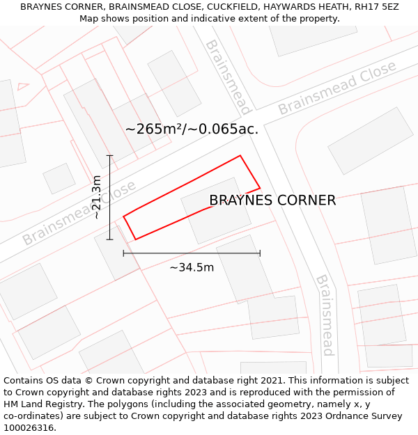 BRAYNES CORNER, BRAINSMEAD CLOSE, CUCKFIELD, HAYWARDS HEATH, RH17 5EZ: Plot and title map