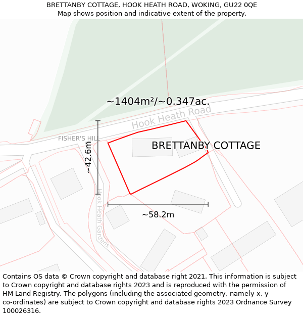 BRETTANBY COTTAGE, HOOK HEATH ROAD, WOKING, GU22 0QE: Plot and title map
