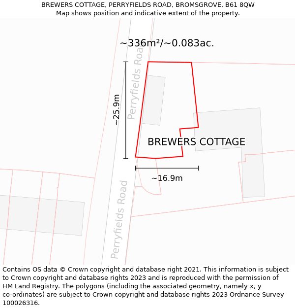 BREWERS COTTAGE, PERRYFIELDS ROAD, BROMSGROVE, B61 8QW: Plot and title map