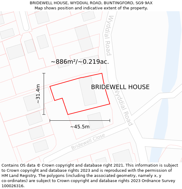 BRIDEWELL HOUSE, WYDDIAL ROAD, BUNTINGFORD, SG9 9AX: Plot and title map
