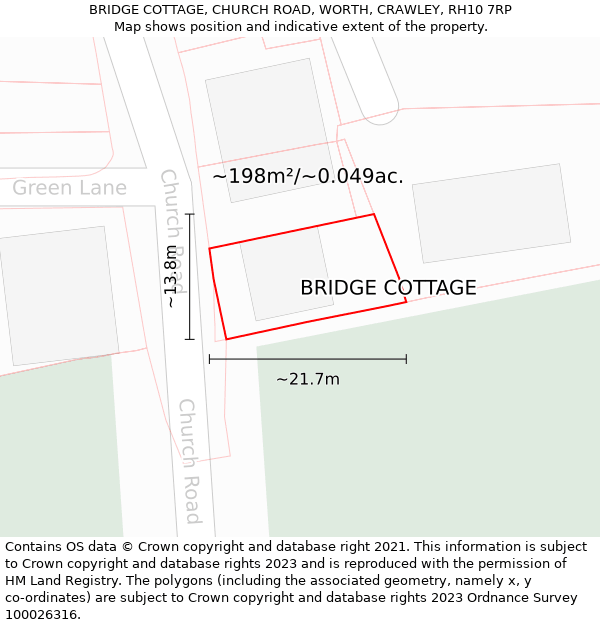 BRIDGE COTTAGE, CHURCH ROAD, WORTH, CRAWLEY, RH10 7RP: Plot and title map