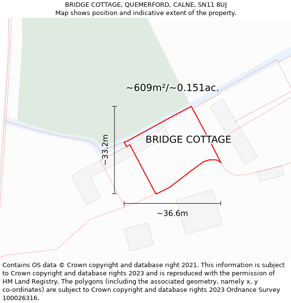 BRIDGE COTTAGE, QUEMERFORD, CALNE, SN11 8UJ: Plot and title map