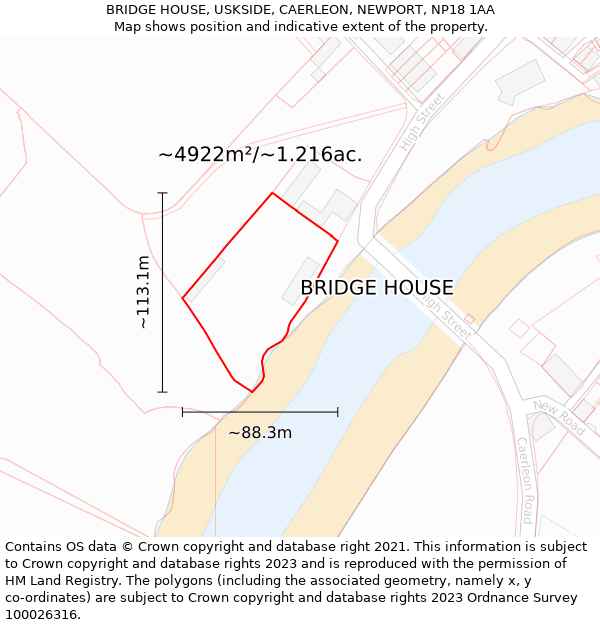 BRIDGE HOUSE, USKSIDE, CAERLEON, NEWPORT, NP18 1AA: Plot and title map
