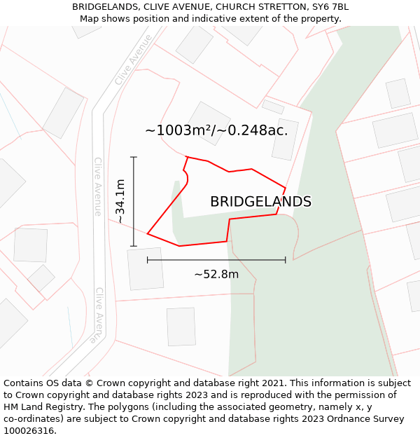 BRIDGELANDS, CLIVE AVENUE, CHURCH STRETTON, SY6 7BL: Plot and title map