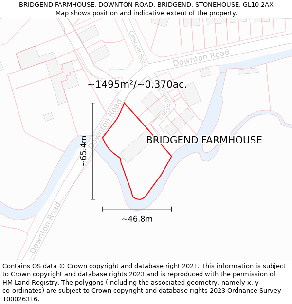 BRIDGEND FARMHOUSE, DOWNTON ROAD, BRIDGEND, STONEHOUSE, GL10 2AX: Plot and title map