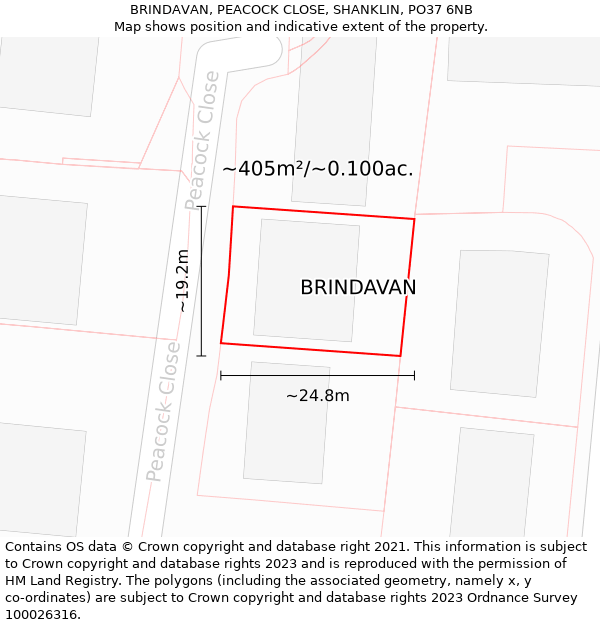BRINDAVAN, PEACOCK CLOSE, SHANKLIN, PO37 6NB: Plot and title map