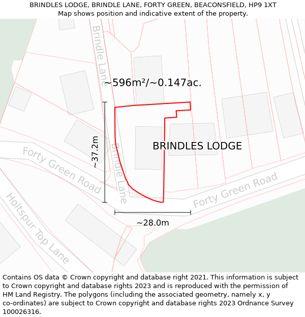 BRINDLES LODGE, BRINDLE LANE, FORTY GREEN, BEACONSFIELD, HP9 1XT: Plot and title map