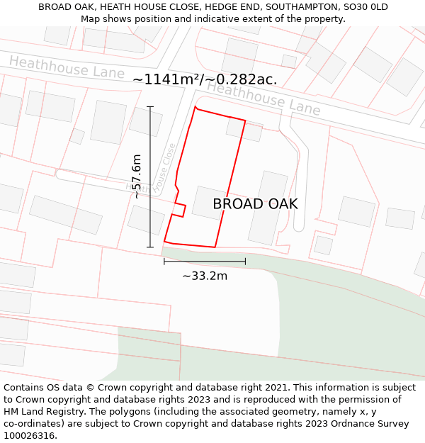 BROAD OAK, HEATH HOUSE CLOSE, HEDGE END, SOUTHAMPTON, SO30 0LD: Plot and title map