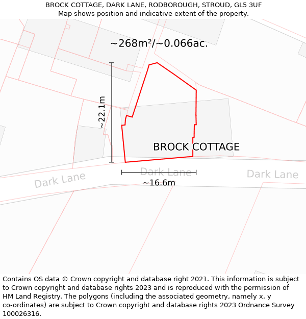 BROCK COTTAGE, DARK LANE, RODBOROUGH, STROUD, GL5 3UF: Plot and title map