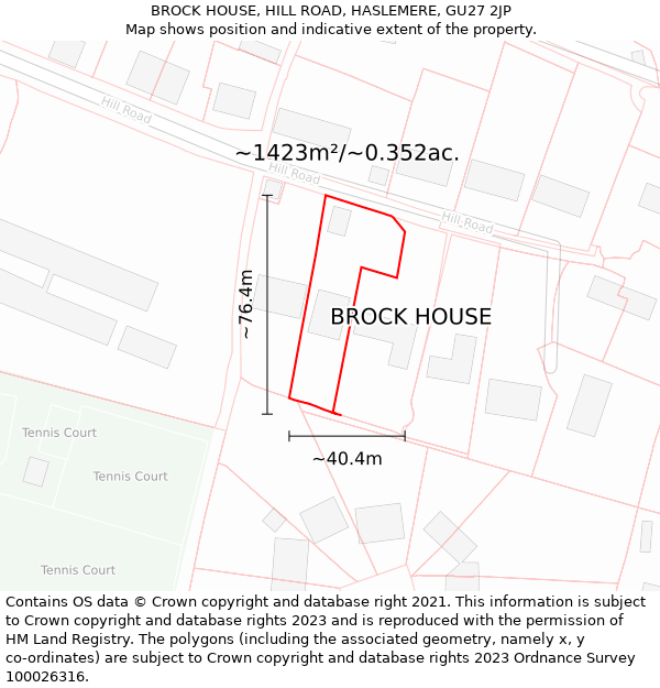 BROCK HOUSE, HILL ROAD, HASLEMERE, GU27 2JP: Plot and title map