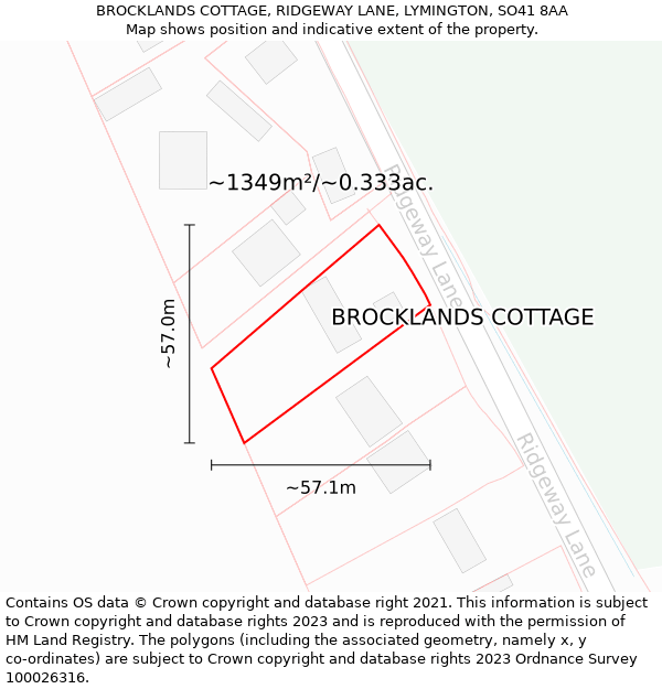 BROCKLANDS COTTAGE, RIDGEWAY LANE, LYMINGTON, SO41 8AA: Plot and title map