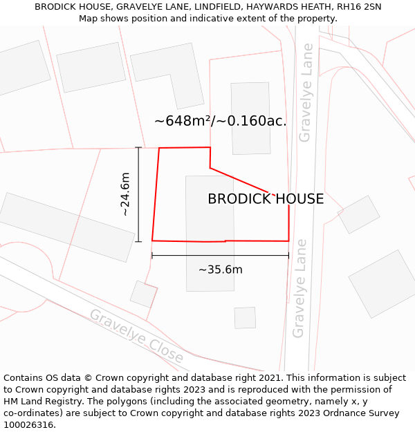 BRODICK HOUSE, GRAVELYE LANE, LINDFIELD, HAYWARDS HEATH, RH16 2SN: Plot and title map