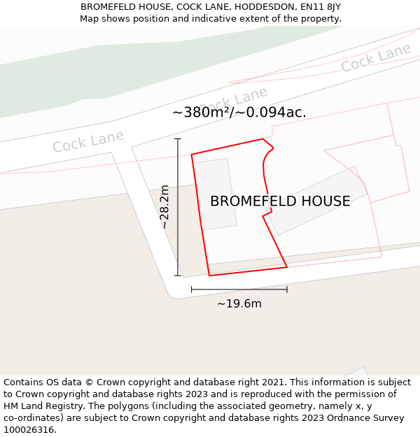 BROMEFELD HOUSE, COCK LANE, HODDESDON, EN11 8JY: Plot and title map