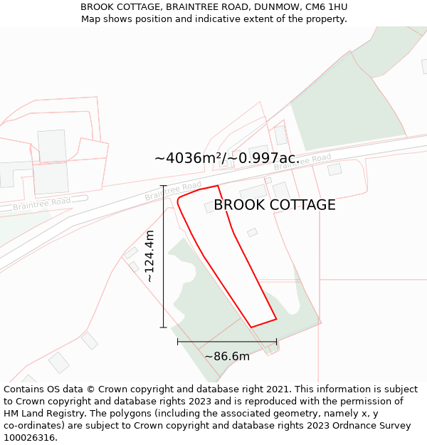 BROOK COTTAGE, BRAINTREE ROAD, DUNMOW, CM6 1HU: Plot and title map