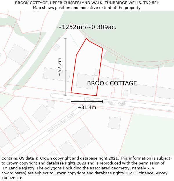 BROOK COTTAGE, UPPER CUMBERLAND WALK, TUNBRIDGE WELLS, TN2 5EH: Plot and title map