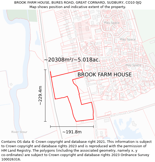 BROOK FARM HOUSE, BURES ROAD, GREAT CORNARD, SUDBURY, CO10 0JQ: Plot and title map