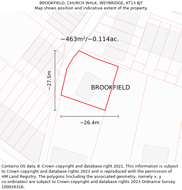 BROOKFIELD, CHURCH WALK, WEYBRIDGE, KT13 8JT: Plot and title map