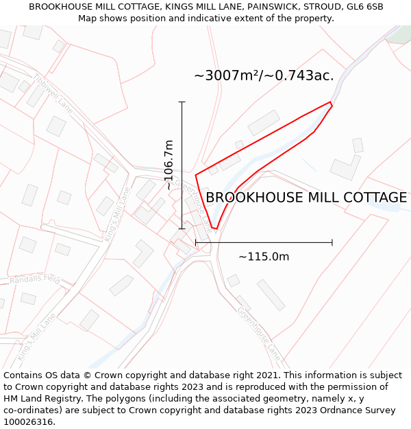 BROOKHOUSE MILL COTTAGE, KINGS MILL LANE, PAINSWICK, STROUD, GL6 6SB: Plot and title map