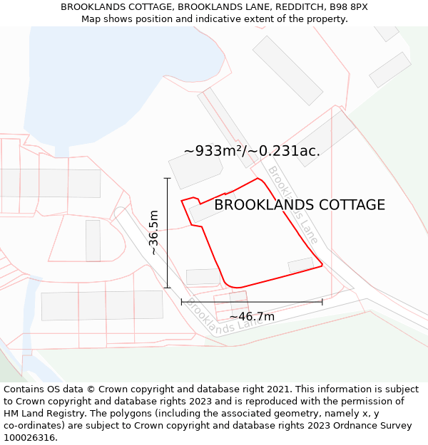 BROOKLANDS COTTAGE, BROOKLANDS LANE, REDDITCH, B98 8PX: Plot and title map