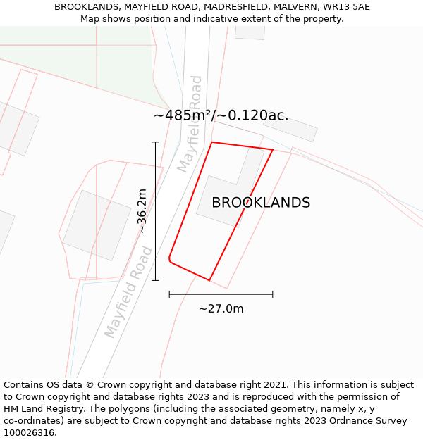 BROOKLANDS, MAYFIELD ROAD, MADRESFIELD, MALVERN, WR13 5AE: Plot and title map