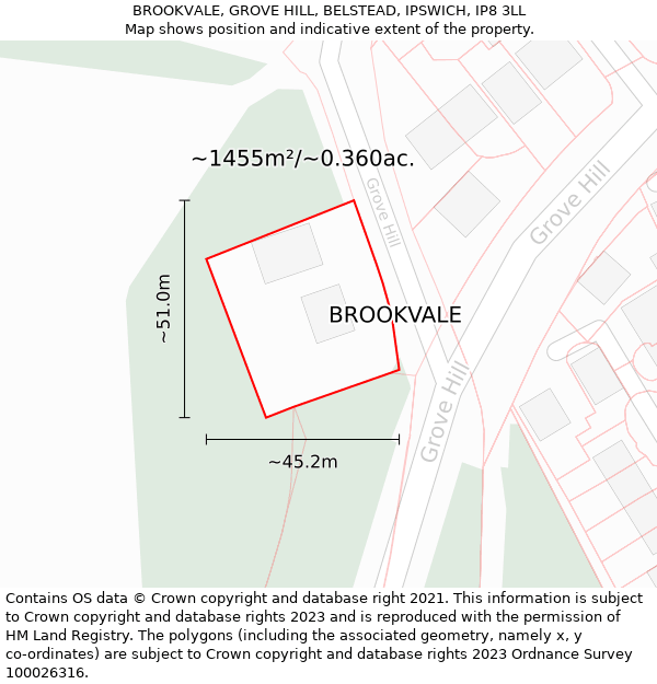 BROOKVALE, GROVE HILL, BELSTEAD, IPSWICH, IP8 3LL: Plot and title map