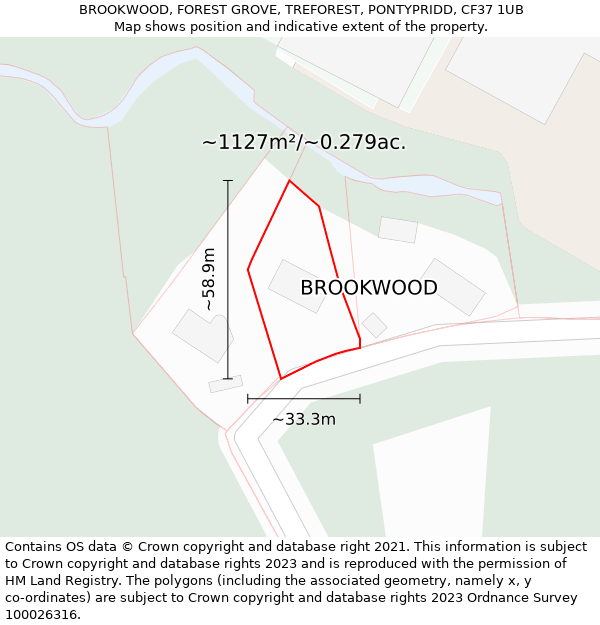 BROOKWOOD, FOREST GROVE, TREFOREST, PONTYPRIDD, CF37 1UB: Plot and title map
