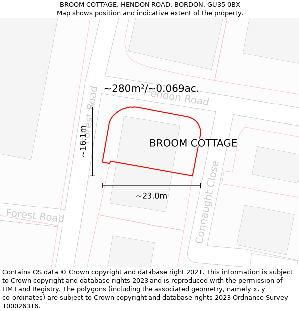 BROOM COTTAGE, HENDON ROAD, BORDON, GU35 0BX: Plot and title map