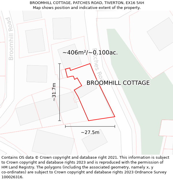 BROOMHILL COTTAGE, PATCHES ROAD, TIVERTON, EX16 5AH: Plot and title map